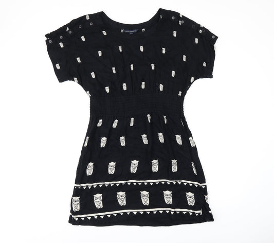 French Connection Womens Black Geometric Viscose Skater Dress Size 8 Round Neck Button - Owl Print