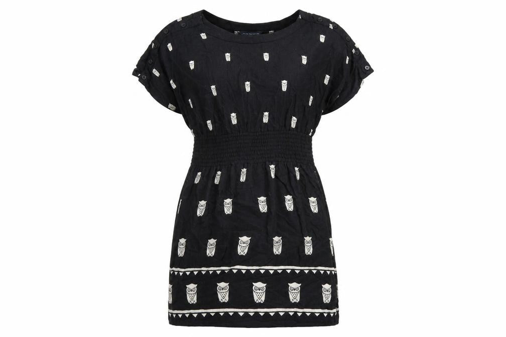 Front view of French Connection women’s black geometric viscose skater dress, size UK 8, round neck button - owl print