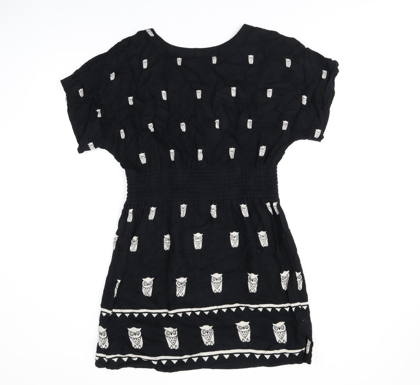 French Connection Womens Black Geometric Viscose Skater Dress Size 8 Round Neck Button - Owl Print