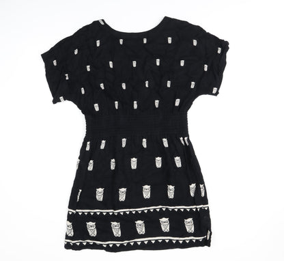 French Connection Womens Black Geometric Viscose Skater Dress Size 8 Round Neck Button - Owl Print