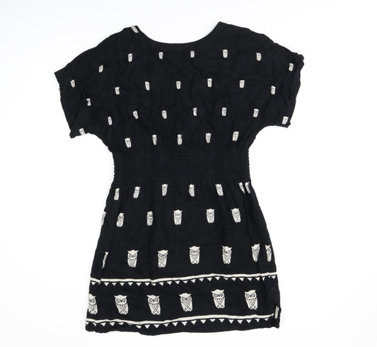 French Connection Womens Black Geometric Viscose Skater Dress Size 8 Round Neck Button - Owl Print