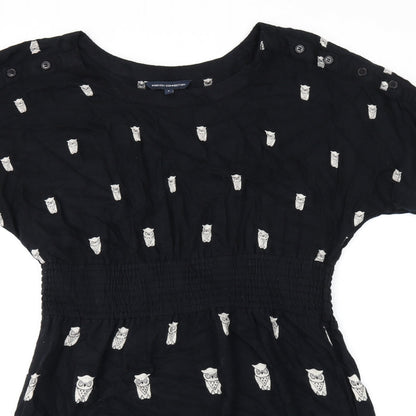 French Connection Womens Black Geometric Viscose Skater Dress Size 8 Round Neck Button - Owl Print
