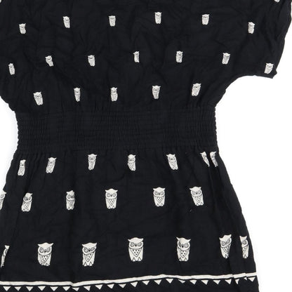 French Connection Womens Black Geometric Viscose Skater Dress Size 8 Round Neck Button - Owl Print