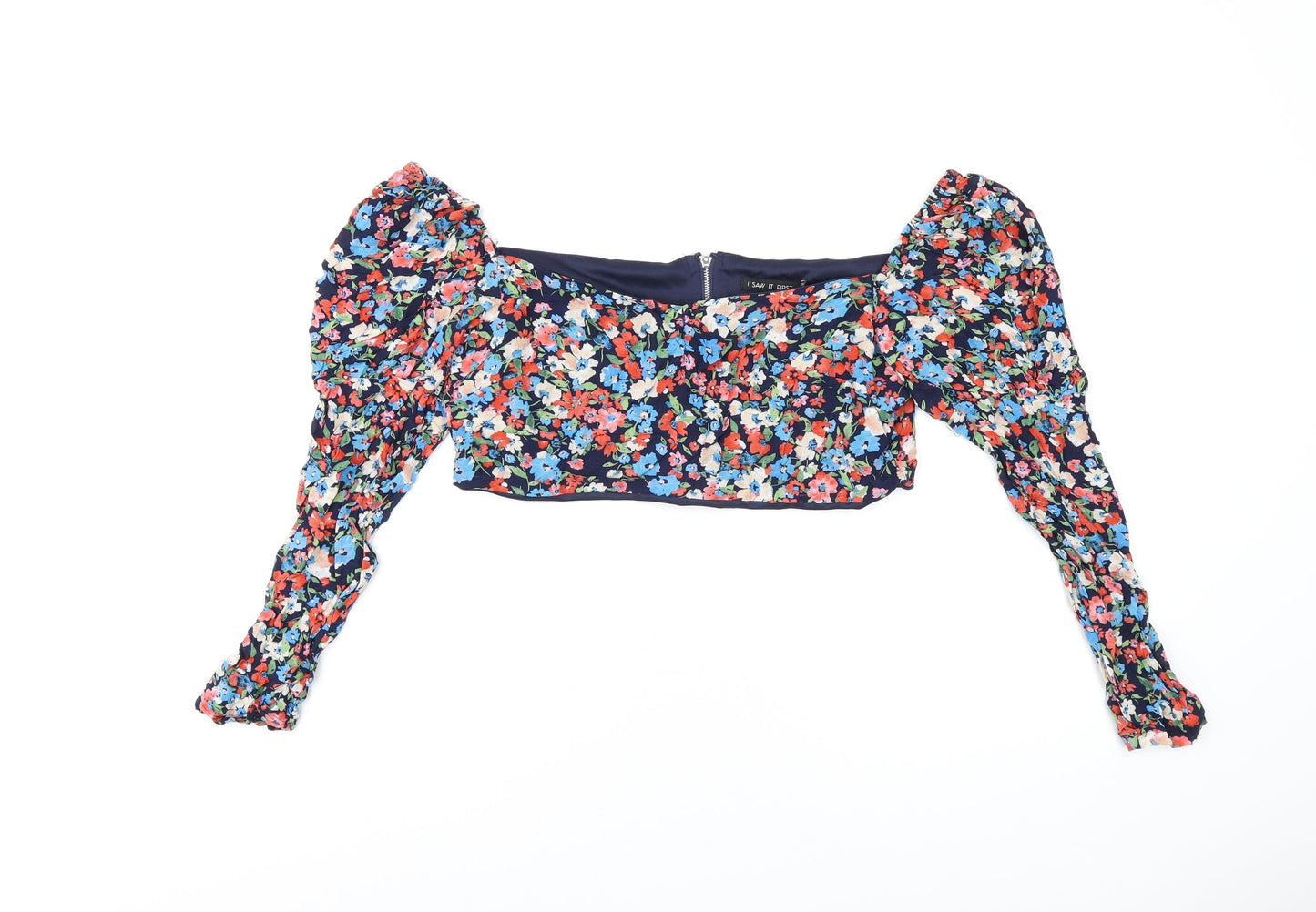 I SAW IT FIRST Womens Blue Floral Polyester Cropped T-Shirt Size 12 Square Neck