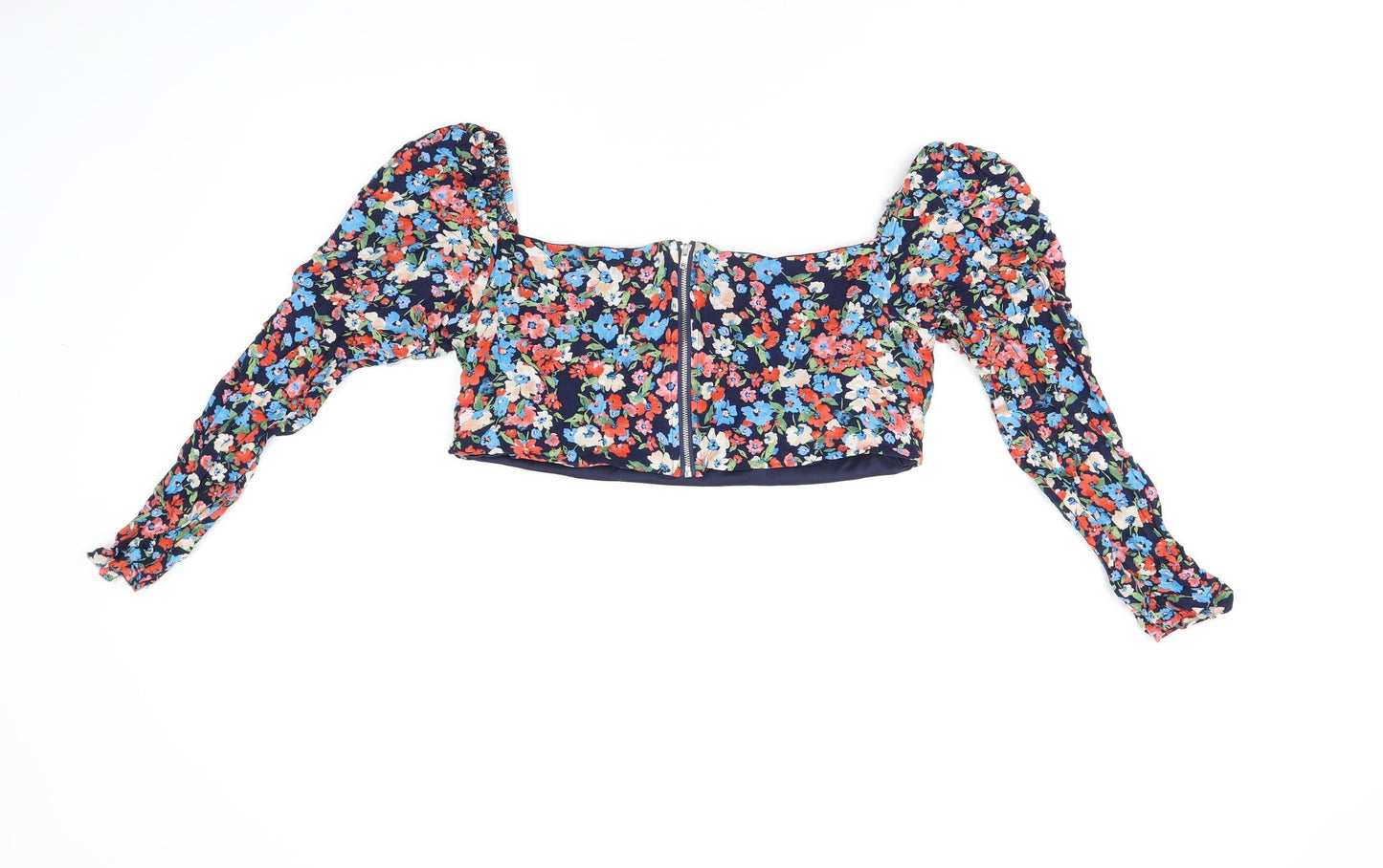 I SAW IT FIRST Womens Blue Floral Polyester Cropped T-Shirt Size 12 Square Neck