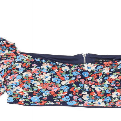 I SAW IT FIRST Womens Blue Floral Polyester Cropped T-Shirt Size 12 Square Neck
