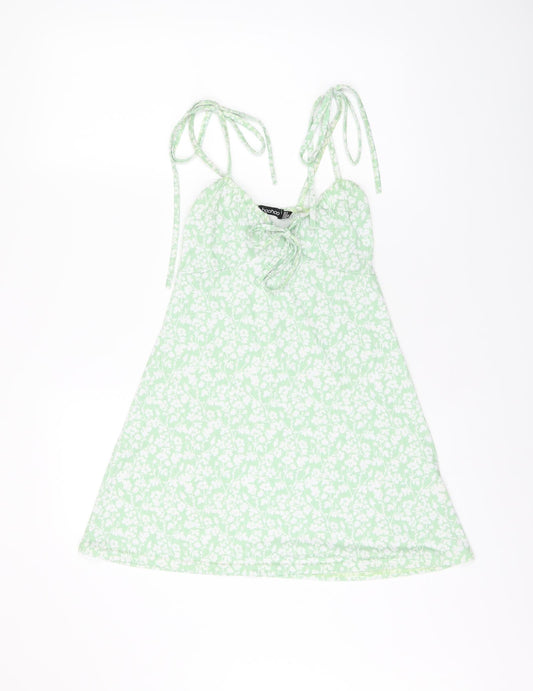 Boohoo Womens Green Floral Polyester Mini Size 8 V-Neck Tie