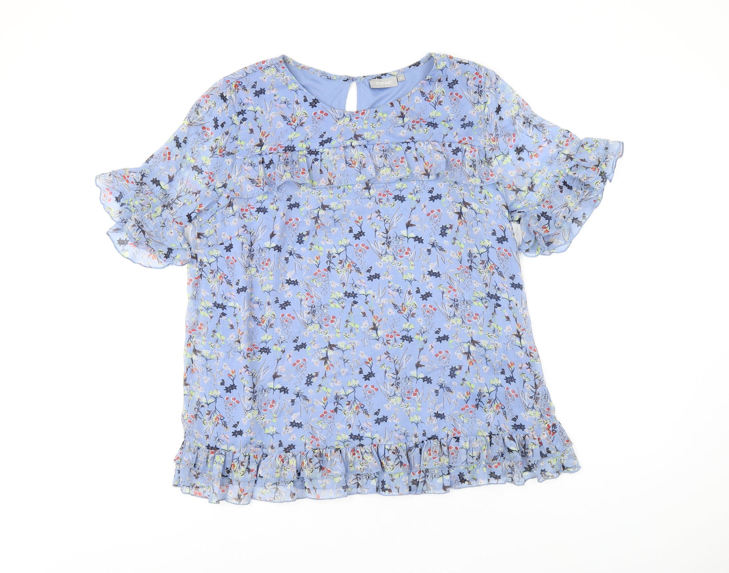 Fransa Womens Blue Floral Polyester Basic T-Shirt Size M Round Neck