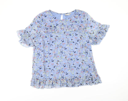 Fransa Womens Blue Floral Polyester Basic T-Shirt Size M Round Neck