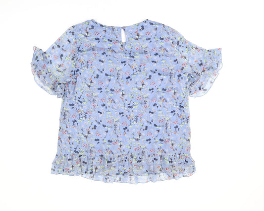 Fransa Womens Blue Floral Polyester Basic T-Shirt Size M Round Neck