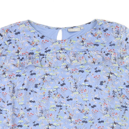 Fransa Womens Blue Floral Polyester Basic T-Shirt Size M Round Neck