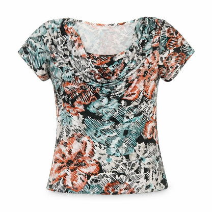 Betty Jackson Black Womens Multicoloured Geometric Polyester Basic T-Shirt Size 12 Cowl Neck