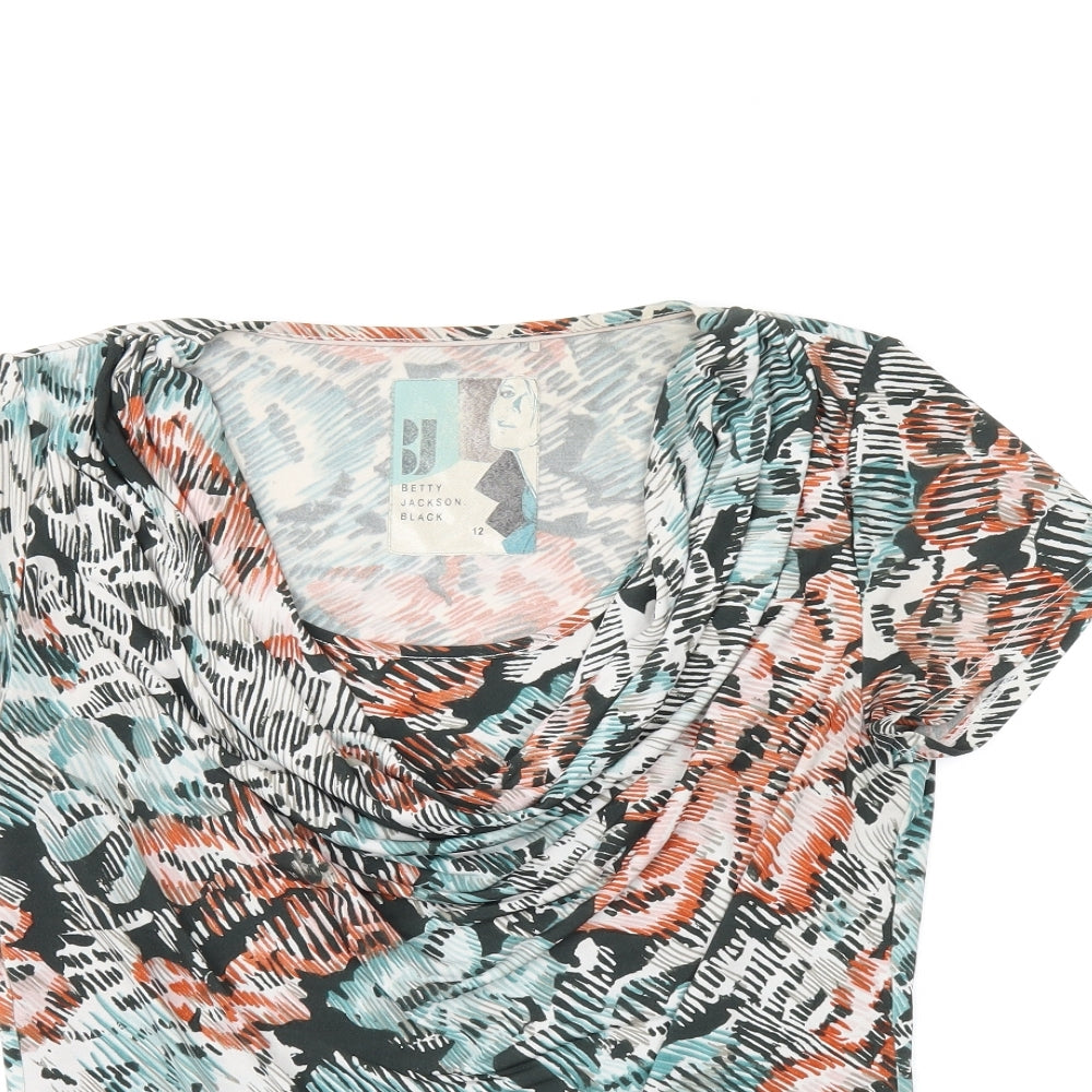 Betty Jackson Black Womens Multicoloured Geometric Polyester Basic T-Shirt Size 12 Cowl Neck