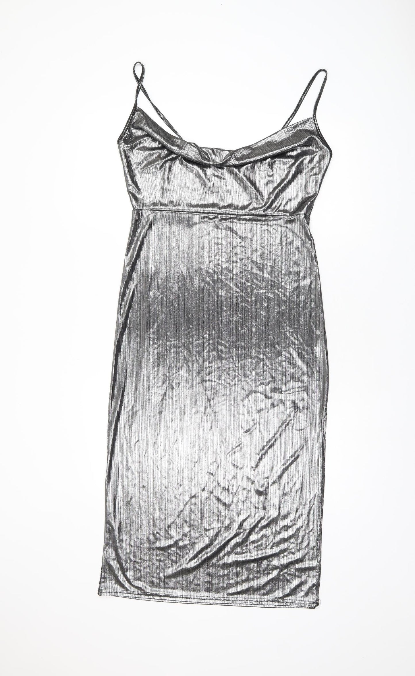 Nasty Gal Womens Silver Polyester Slip Dress Size 12 Cowl Neck Pullover - Split Hem