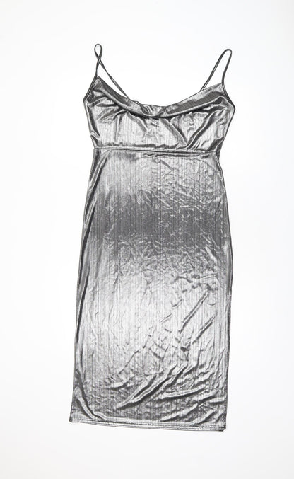 Nasty Gal Womens Silver Polyester Slip Dress Size 12 Cowl Neck Pullover - Split Hem