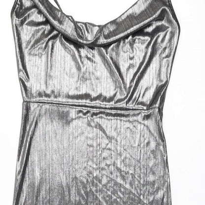 Nasty Gal Womens Silver Polyester Slip Dress Size 12 Cowl Neck Pullover - Split Hem