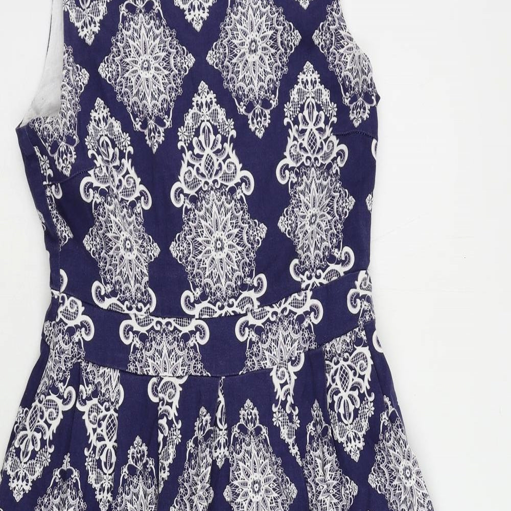 Izabel London Womens Blue Geometric Cotton Fit & Flare Size 12 Round Neck Zip