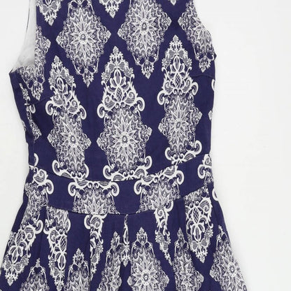 Izabel London Womens Blue Geometric Cotton Fit & Flare Size 12 Round Neck Zip