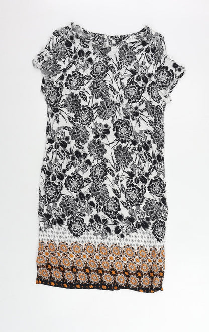 M&Co Womens White Floral Viscose Shift Size 10 Round Neck Button