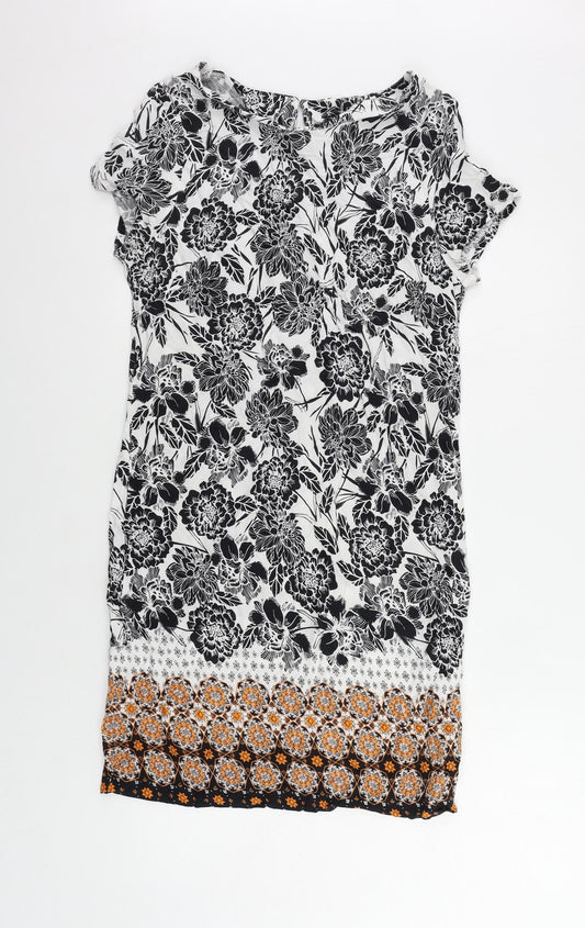 M&Co Womens White Floral Viscose Shift Size 10 Round Neck Button