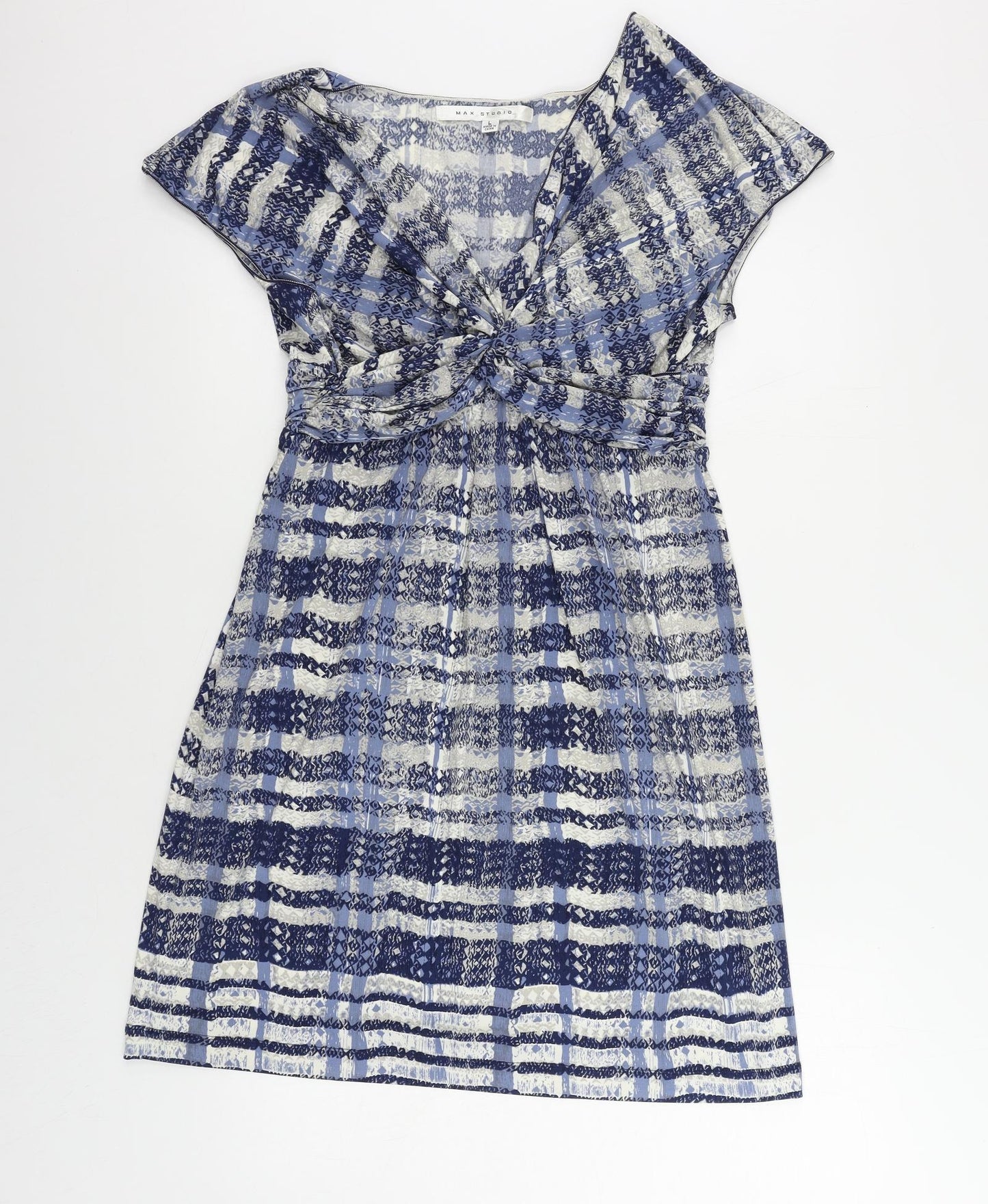 Max Studio Womens Blue Geometric Polyester A-Line Size L V-Neck Pullover