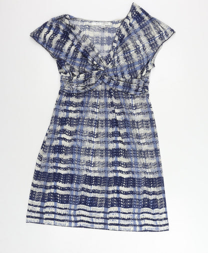 Max Studio Womens Blue Geometric Polyester A-Line Size L V-Neck Pullover