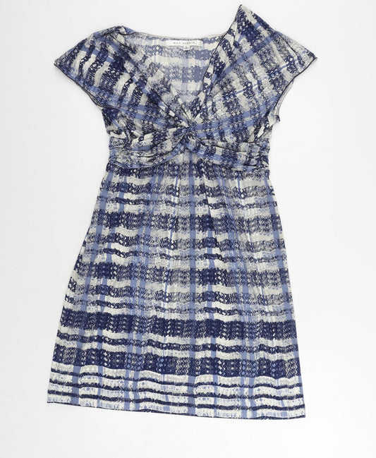 Max Studio Womens Blue Geometric Polyester A-Line Size L V-Neck Pullover