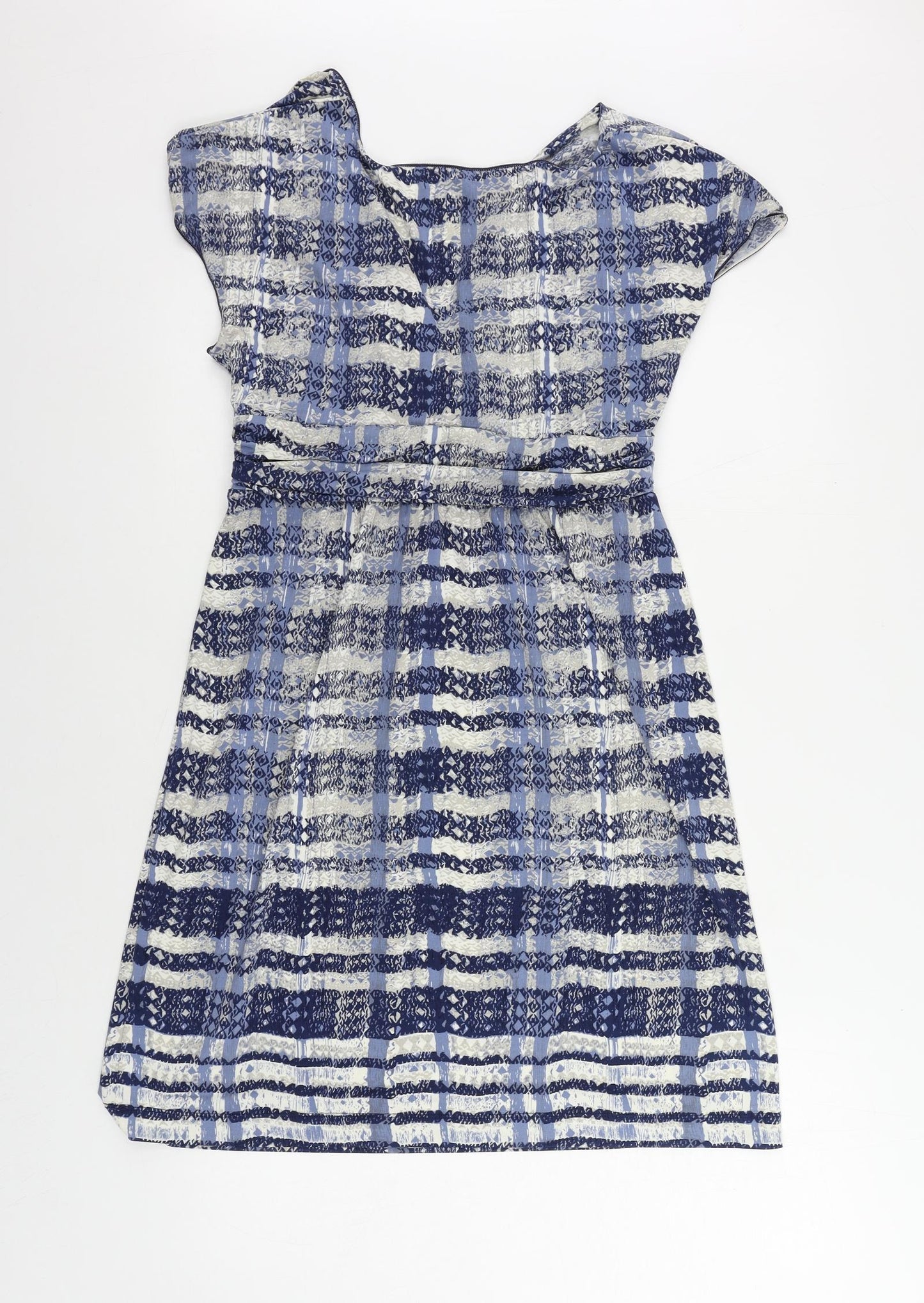 Max Studio Womens Blue Geometric Polyester A-Line Size L V-Neck Pullover