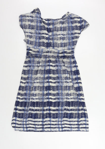 Max Studio Womens Blue Geometric Polyester A-Line Size L V-Neck Pullover