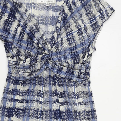 Max Studio Womens Blue Geometric Polyester A-Line Size L V-Neck Pullover