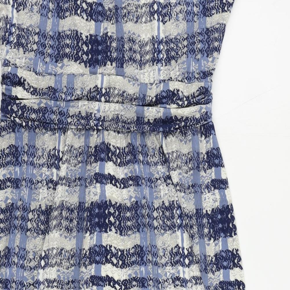 Max Studio Womens Blue Geometric Polyester A-Line Size L V-Neck Pullover