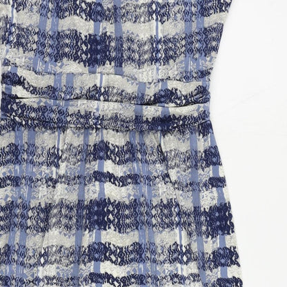 Max Studio Womens Blue Geometric Polyester A-Line Size L V-Neck Pullover