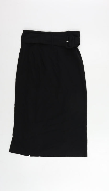 Marks and Spencer Womens Black Polyester A-Line Skirt Size 8 Zip - Belted
