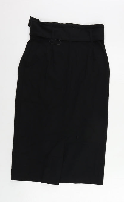 Marks and Spencer Womens Black Polyester A-Line Skirt Size 8 Zip - Belted