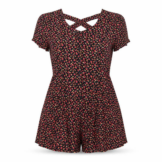 Lucca Couture Womens Black Floral 100% Viscose Playsuit One-Piece Size M Button - Cut Out Detail
