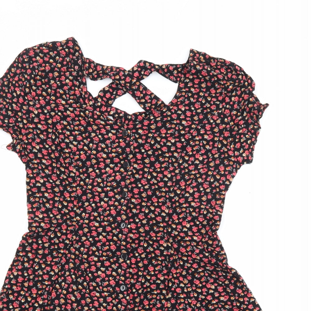 Lucca Couture Womens Black Floral 100% Viscose Playsuit One-Piece Size M Button - Cut Out Detail