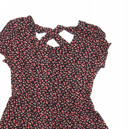 Lucca Couture Womens Black Floral 100% Viscose Playsuit One-Piece Size M Button - Cut Out Detail