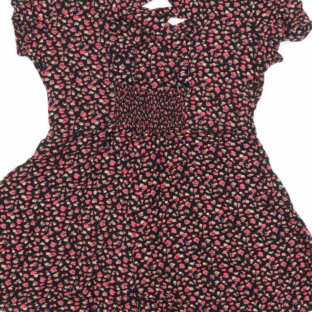 Lucca Couture Womens Black Floral 100% Viscose Playsuit One-Piece Size M Button - Cut Out Detail