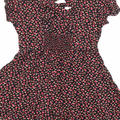 Lucca Couture Womens Black Floral 100% Viscose Playsuit One-Piece Size M Button - Cut Out Detail
