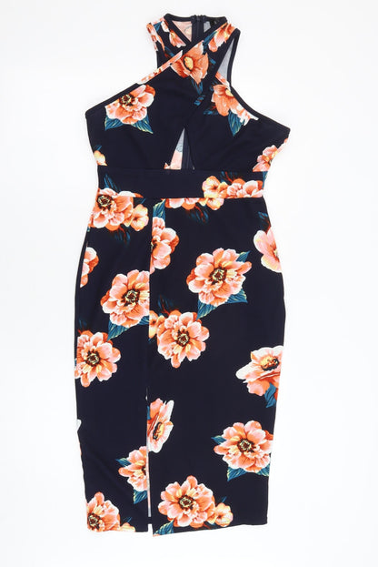 AX Paris Womens Blue Floral Polyester Shift Size 10 Crew Neck Zip - Cut Out Slit