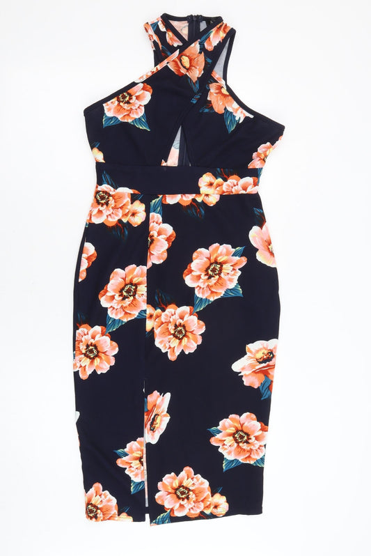 AX Paris Womens Blue Floral Polyester Shift Size 10 Crew Neck Zip - Cut Out Slit