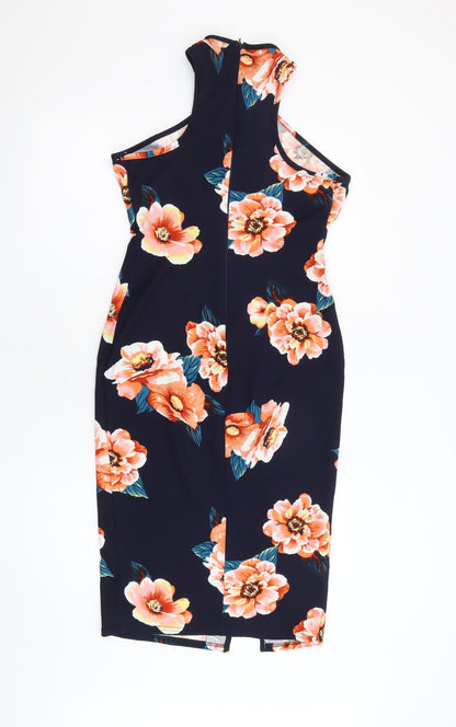 AX Paris Womens Blue Floral Polyester Shift Size 10 Crew Neck Zip - Cut Out Slit