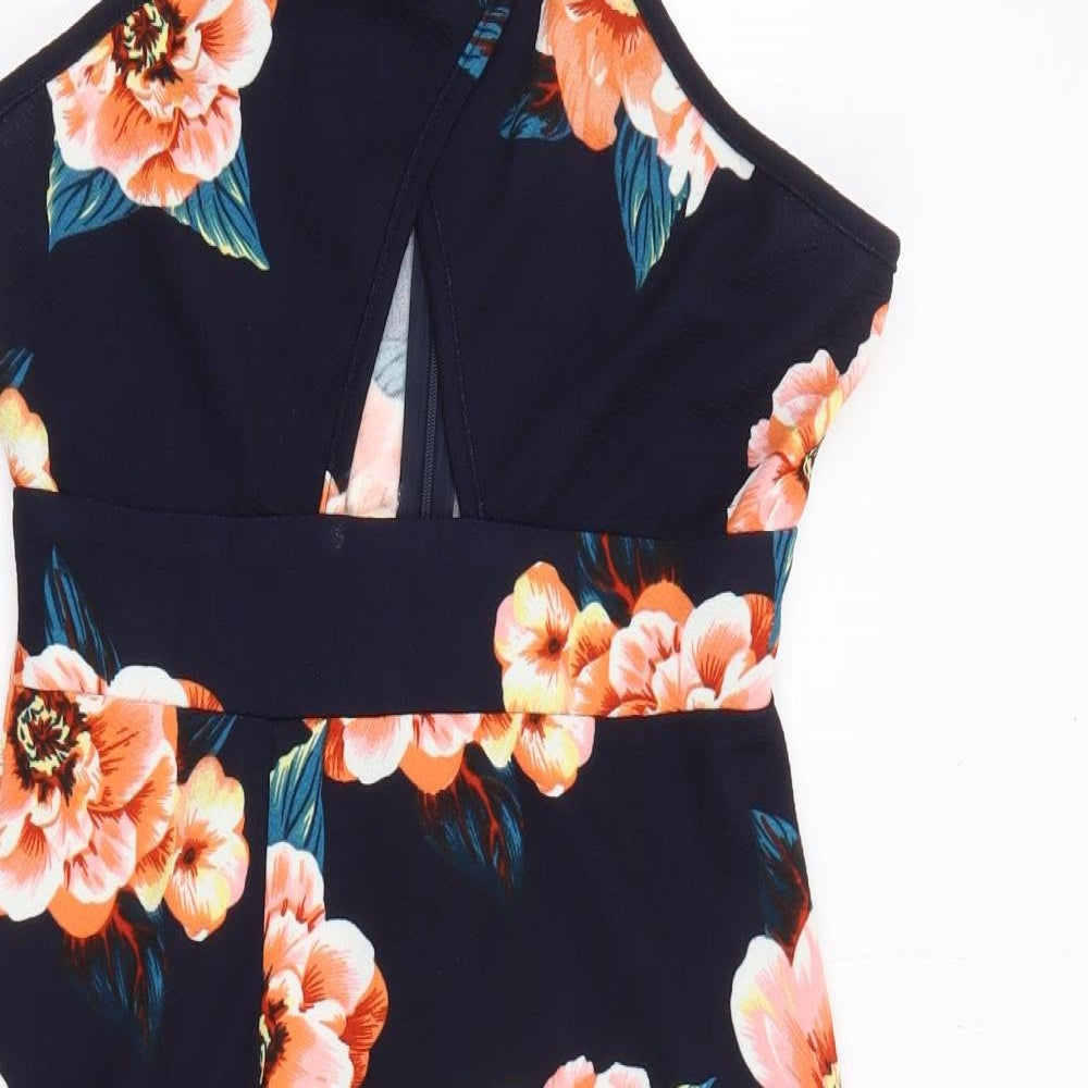 AX Paris Womens Blue Floral Polyester Shift Size 10 Crew Neck Zip - Cut Out Slit