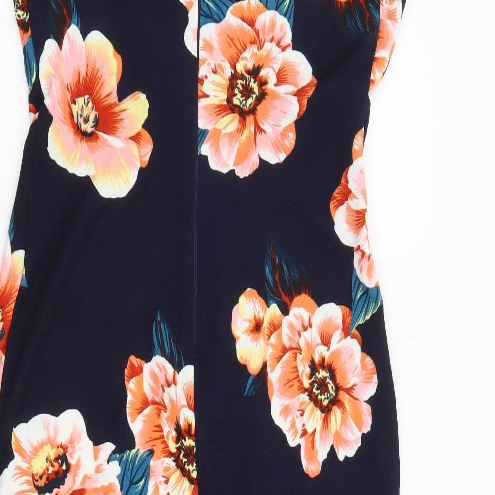 AX Paris Womens Blue Floral Polyester Shift Size 10 Crew Neck Zip - Cut Out Slit