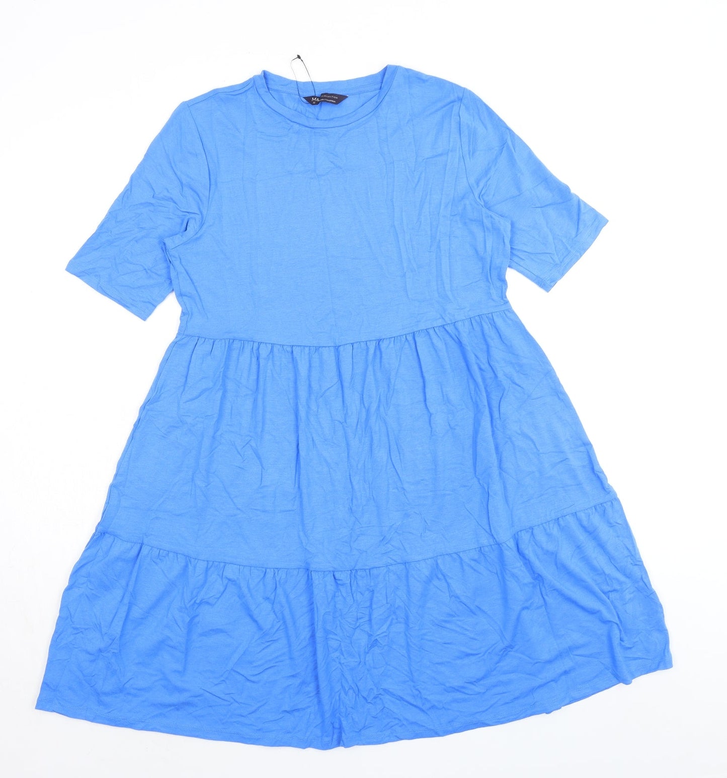 Marks and Spencer Womens Blue Viscose A-Line Size 12 Round Neck Pullover - Smocked