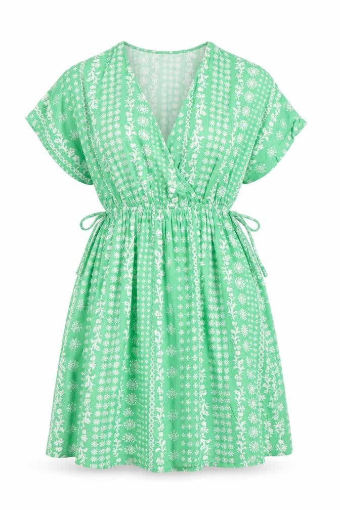 Marks and Spencer Womens Green Floral Viscose Fit & Flare Size 8 V-Neck - Elasticated Waist