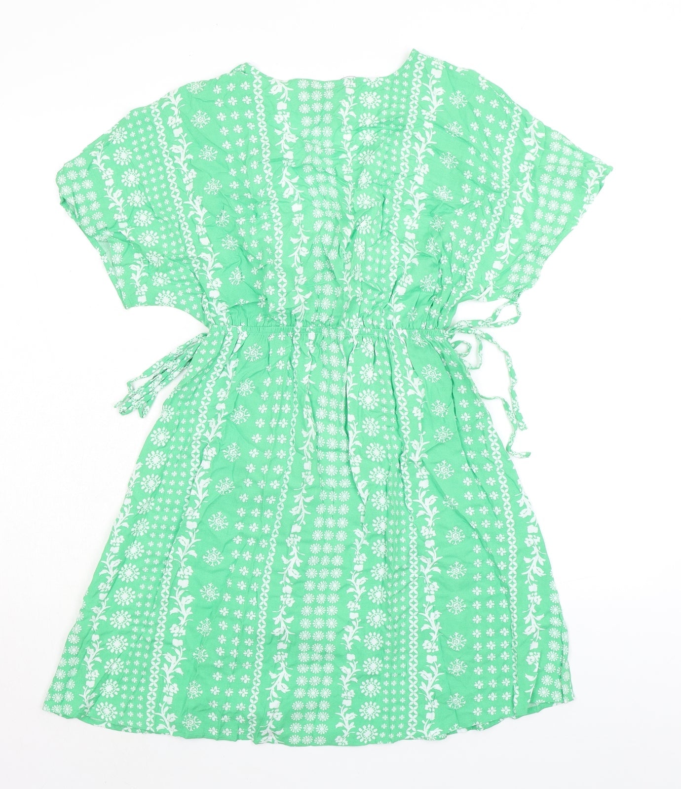 Marks and Spencer Womens Green Floral Viscose Fit & Flare Size 8 V-Neck - Elasticated Waist