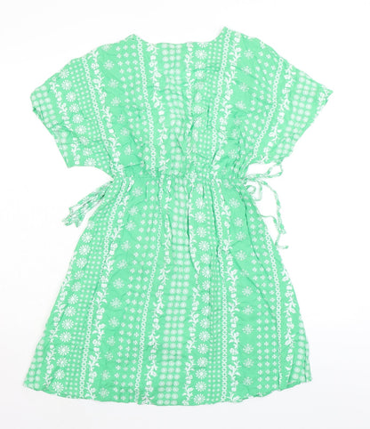 Marks and Spencer Womens Green Floral Viscose Fit & Flare Size 8 V-Neck - Elasticated Waist