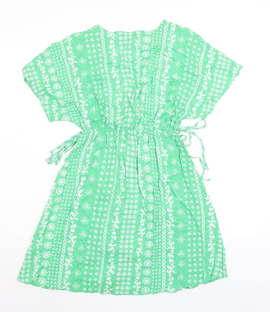 Marks and Spencer Womens Green Floral Viscose Fit & Flare Size 8 V-Neck - Elasticated Waist