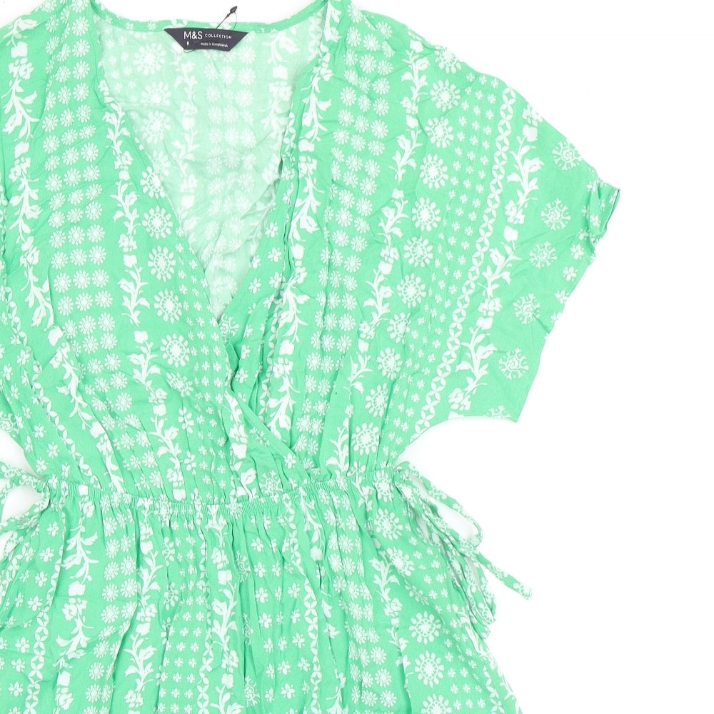 Marks and Spencer Womens Green Floral Viscose Fit & Flare Size 8 V-Neck - Elasticated Waist